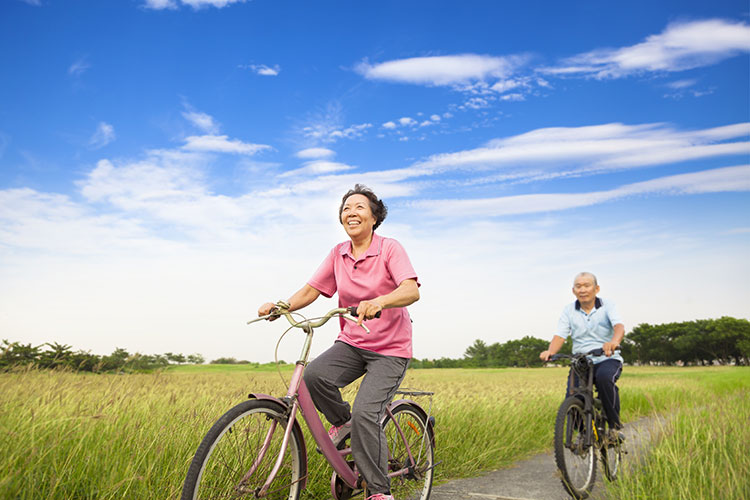elderly asian couple riding bikes in a field