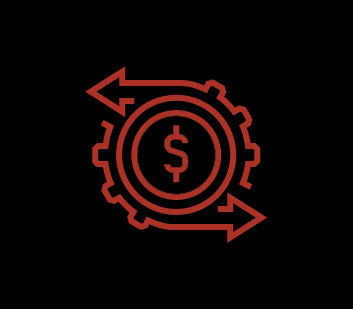 red gear with money symbol in the center icon against black background
